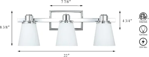 Vista 7 de XiNBEi Lighting XB-W220-3-CH - Lámpara de tocador de baño de cristal ópalo sobre el espejo, 3 lámparas de baño cromadas con vidrio blanco