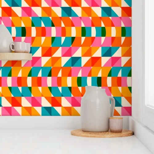 Vista 8 de Muestras de papel tapiz removibles – Retro Cuadros Ondas Rosa Verde Azul Rojo Naranja Rayas Papel pintado personalizado pre-pegado por Spoonflower