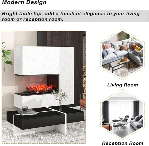 Vista 6 de Polibi Mesa auxiliar rectangular de 45 pulgadas de largo con cajón grande, mesa de cóctel moderna de superficie de alto brillo, mesa central