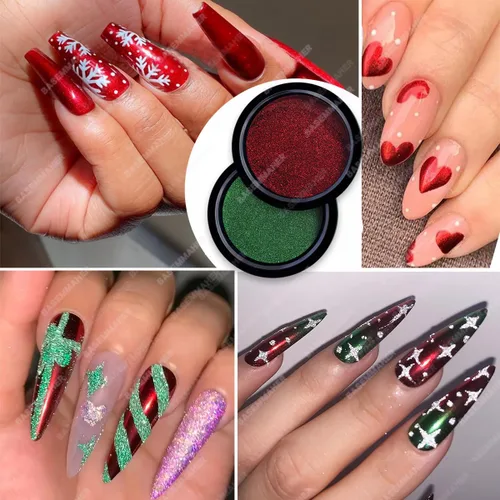 Vista 5 de Polvo de uñas cromado, rojo, verde, efecto espejo metálico para uñas, diseño artístico, pigmento holográfico, purpurina para decoración de manicura
