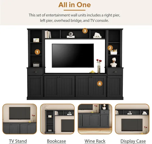 Vista 2 de Merax Minimalist 103" Entertainment Wall Unit Set with Overhead Bridge for TVs Up to 75", Modern Large Media Console with Adjustable Shelves, Ample