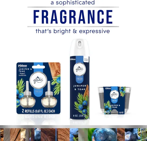 Vista 6 de Glade Candle Juniper & Teak, Fresh Collection, vela aromática infundida con aceites esenciales, vela ambientadora, vela de 3 mechas, 6.8 onzas
