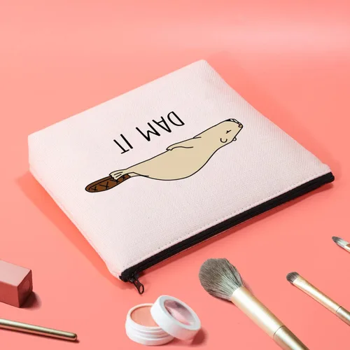 Vista 4 de JXGZSO Bolsa de cosméticos de castor divertido Beaver Lover, regalo para amantes del roedor, bolsa de maquillaje, Con la leyenda "Dam It