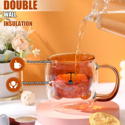 Vista 3 de Patelai Linda Taza de Oso de Té de Pared Doble de Vidrio con Asa Aislada Taza de Café Espresso de Navidad Taza de Cerveza Taza Linda de Cumpleaños