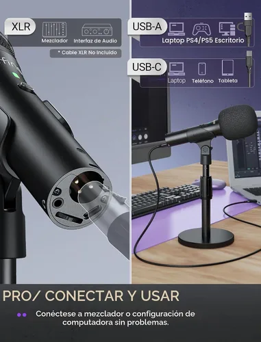 Vista 3 de FIFINE - Micrófono dinámico USB/XLR para grabación de podcast, juego de micrófono de mano de estudio con soporte de escritorio para voz, voz en off