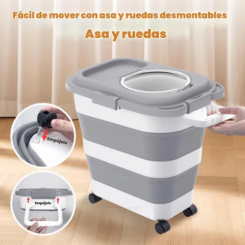 Vista 3 de HOYTAMDAR Recipiente para almacenamiento de alimentos para perros de 25-28 libras, recipiente plegable para alimentos de perro, ruedas, asa