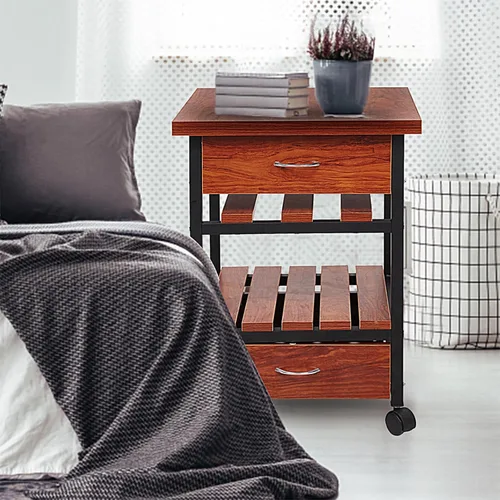 Vista 2 de Mesa auxiliar de madera con ruedas junto al gabinete, mesita de noche con 2 cajones para dormitorio, sala de estar