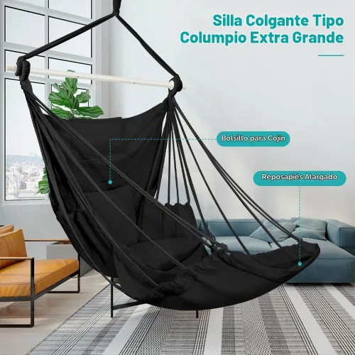 Vista 2 de Outerman Silla tipo hamaca, silla colgante con 3 cojines y soporte para los pies, barra separadora de metal resistente con un máximo de 500 libras