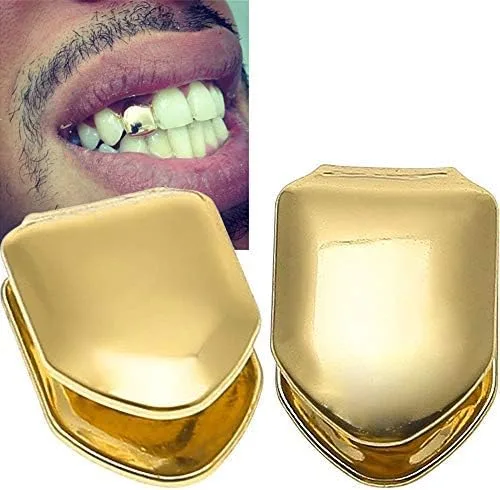 Vista 2 de Onwon 2 piezas chapadas en oro de 14 quilates Grillz Hip Hop Top Tooth Single Grill Cap para dientes boca, Goma