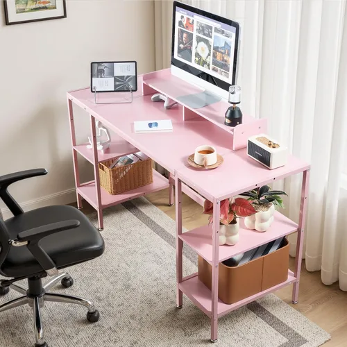 Vista 2 de Escritorio para computadora de 55 pulgadas con estante de almacenamiento - Rosa, ideal para dormitorios, espacios pequeños y oficinas en casa