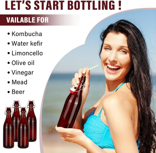 Vista 4 de Aoriher 12 botellas de vidrio ámbar de 25 onzas, botellas de vidrio con tapa abatible con tapas herméticas para cerveza casera, extracto