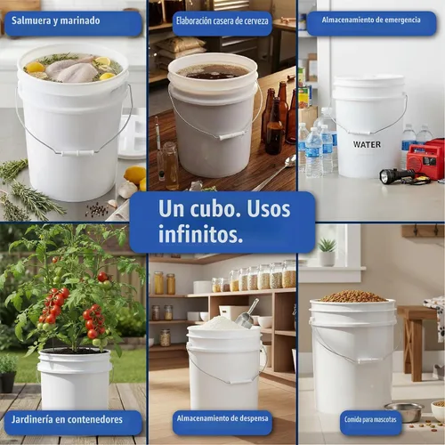 Vista 3 de Paquete de 6 cubetas prémium de 5 galones, HDPE de grado alimenticio sin BPA, color blanco, sin tapa