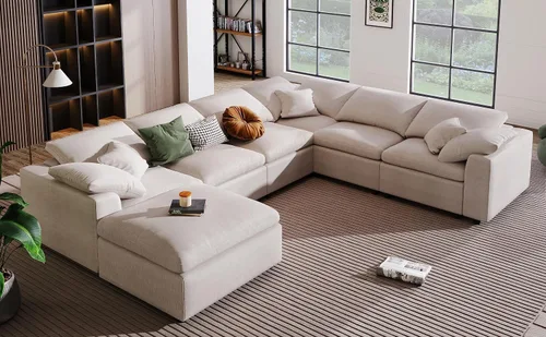 Vista 3 de Sofá modular de gran tamaño con otomana, lujoso juego de sofá modular en forma de L, sofá modular reversible de 7 plazas para sala de estar y beige