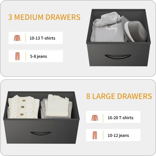 Vista 8 de Cómoda de almacenamiento de tela con 11 cajones para organización del dormitorio, cómoda con estantes profundos, bolsillos laterales y ganchos, Negro