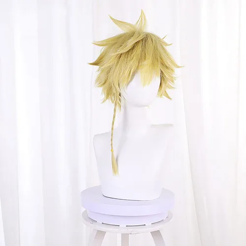 Vista 3 de Peluca de anime Jigokuraku para adultos y niños, Hell's Paradise Aza Choubei Cosplay corto frito masa torcidos trenza, pelo amarillo dorado, pelucas