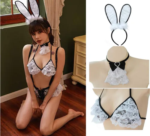 Vista 6 de Disfraz de conejito para cosplay, conjunto de ropa interior, ropa interior para fiesta, sexy, encantadora mujer