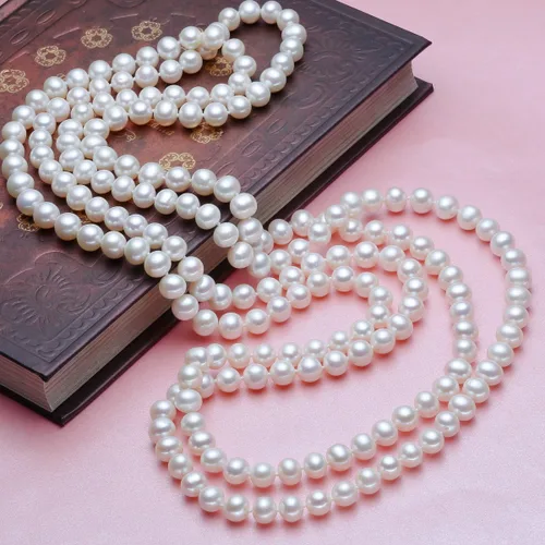 Vista 2 de Merdia Elegante suéter blanco largo para mujer, collar de perlas creadas, collar de cuentas
