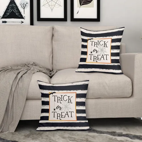 Vista 7 de Kawani Juego de 2 fundas de almohada de Halloween con diseño de truco o trato de 16 x 16 pulgadas, diseño de rayas blancas y negras, fundas