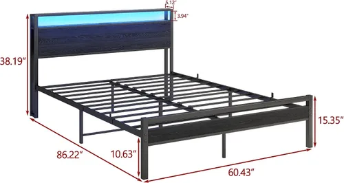 Vista 2 de BOFENG Base de cama Queen con cabecera de almacenamiento, marco de cama de plataforma de metal tamaño Queen con luces LED, estación de carga,