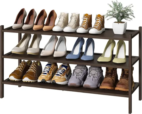 Vista 21 de kiplant Zapatero de bambú negro de 2 niveles, zapatero apilable de madera de bambú para armario, entrada y pasillo