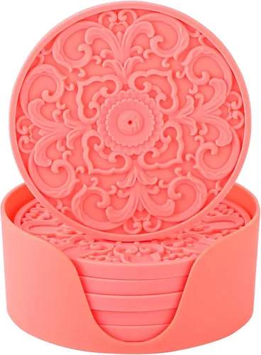 Vista 10 de Colinda Juego de 6 posavasos de silicona con soporte, alfombrillas antideslizantes para bebidas frías y calientes, diseños decorativos, embalaje
