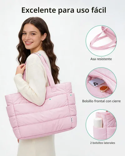 Vista 7 de Narwey Bolsa de mano acolchada de nailon para mujer, bolsa de mano Rosa