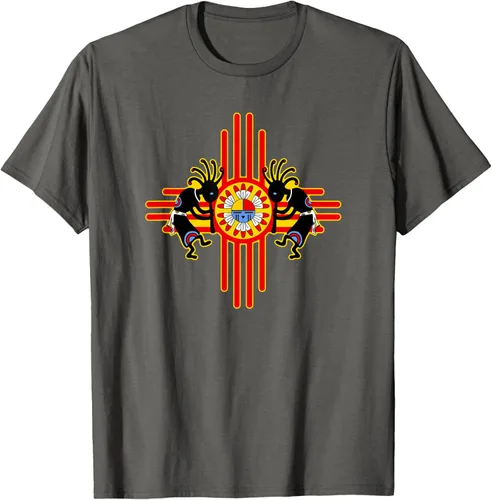 Vista 96 de Native American Kokopelli Kachina Zia Symbol 2 - Camiseta divertida para fanáticos, Negro