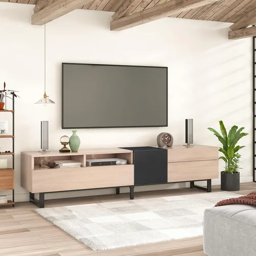 Vista 9 de Soporte de TV estilo tronco para TV de 80 pulgadas con doble espacio de almacenamiento, centro de entretenimiento con puerta abatible, gabinete