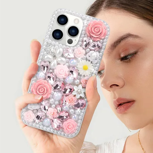Vista 5 de Compatible con iPhone 15 Pro Max Bling Case con correa, de lujo con diamantes de imitación de diamantes de imitación brillantes, pulseras florales