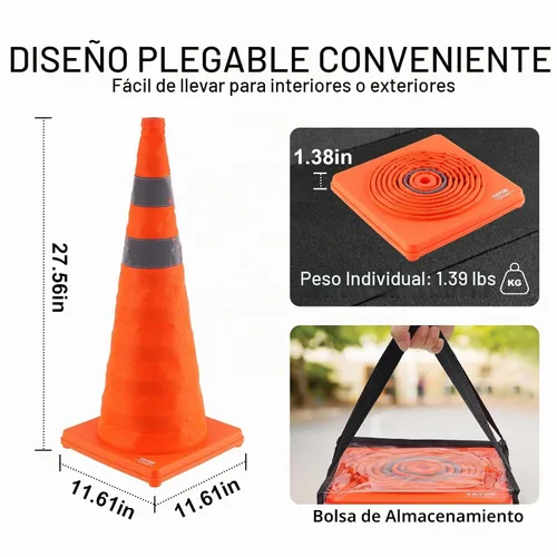 Vista 3 de VEVOR Conos de seguridad, paquete de 4 conos de tráfico plegables de 28 pulgadas, conos de construcción con collares reflectantes, base ancha y una
