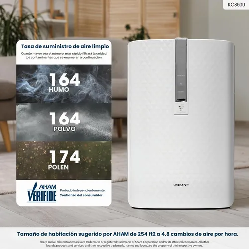 Vista 3 de Sharp KC-850U, purificador de aire Plasmacluster con función humidificadora