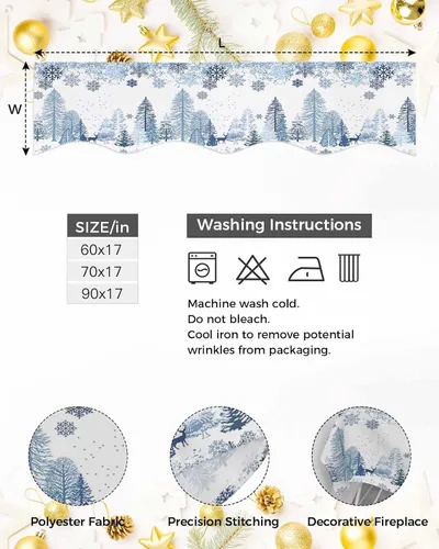Vista 6 de Mantel con diseño de copo de nieve azul para chimenea de Navidad, bufanda para repisa, estola para estantes, renos, alces, nieve, bosque, cubierta