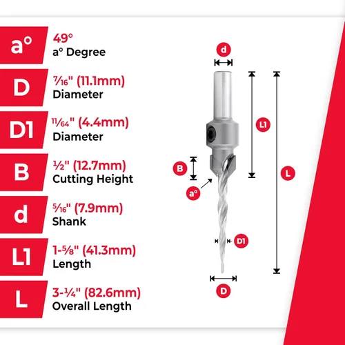Vista 4 de Amana Tool Broca cónica avellanadora con punta de carburo de 82 grados, 55608, 8 tornillos, 7/16 D x 11/64 de diámetro x vástago redondo de 5/16
