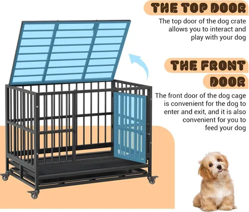 Vista 3 de Jaula para perros resistente de 37 pulgadas con ruedas, jaula indestructible de acero a prueba de escape, ruedas con bloqueo de 360° y bandeja