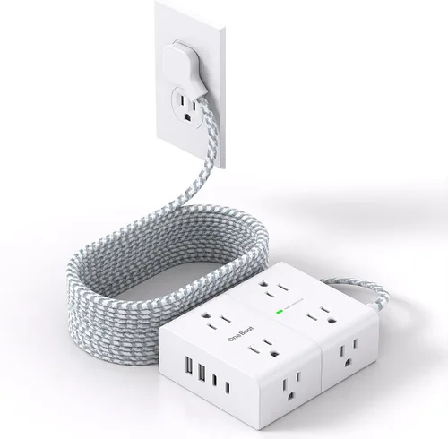 Vista 13 de One Beat Regleta protectora de sobretensiones, cable de extensión plano ultrafino de 6 pies con 8 tomas, 4 puertos USB (2 USB C), regleta