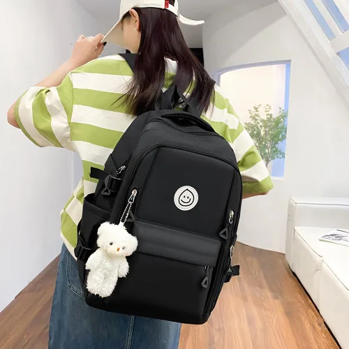Vista 3 de 5pcs Mochila Set Gran Capacidad Patchwork Bookbag Lona con Colgante, Negro, Mediana, Casual