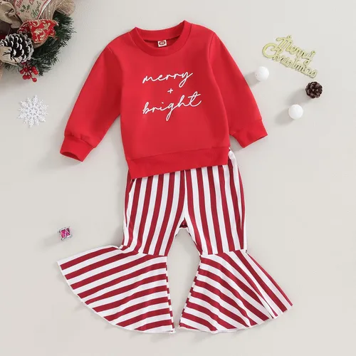 Vista 3 de Conjunto de sudadera de manga larga con estampado de letras y pantalones acampanados a rayas, ropa de invierno