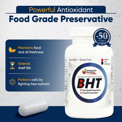 Vista 2 de Wholesale Nutrition BHT - 250 mg Potente antioxidante - Sin OMG, sin gluten - Mejora la conservación de aceite/grasa - Hidroxitolueno butilado puro