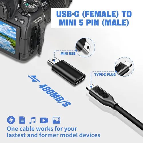 Vista 4 de Adaptador USB C, paquete de 4, 2 conectores C hembra a micro USB, 2 adaptadores USB C a mini USB macho de 5 pines, compatible con carga
