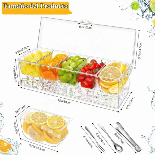 Vista 2 de Servidor de condimentos de 5 compartimentos con tapa, bandeja de Bandeja transparente para servir condimentos en recipientes de hielo con 5