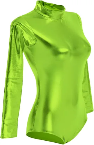 Vista 2 de OwlFay Leotardo de ballet metálico brillante para mujer, manga larga, cuello alto falso, leotardo de gimnasia, Metálico