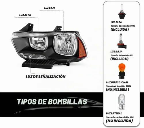 Vista 2 de SOCKIR Juego de montaje de faros delanteros compatible con Dodge Charger 2011 2012 2013 2014 Faro halógeno de repuesto negro con reflector ámbar
