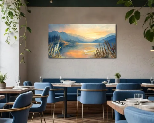 Vista 5 de Arjun Pintura de Paisaje Puesta de Sol Montaña Lago Arte de Pared en Lienzo con Textura Enmarcado Grande 40"x20"- Impresiones de Cuadros Serenos