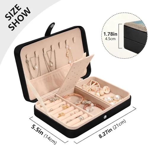 Vista 5 de Red de pesca con diseño de estrellas de mar rojas, caja de joyería de viaje de madera azul vieja para mujeres y niñas, organizador de joyas pequeño