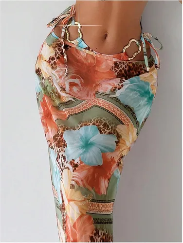 Vista 4 de WDIRARA Conjunto de bikini para mujer de 3 piezas, estampado floral halter con anillos, leopardo, traje de baño con falda de playa Varios