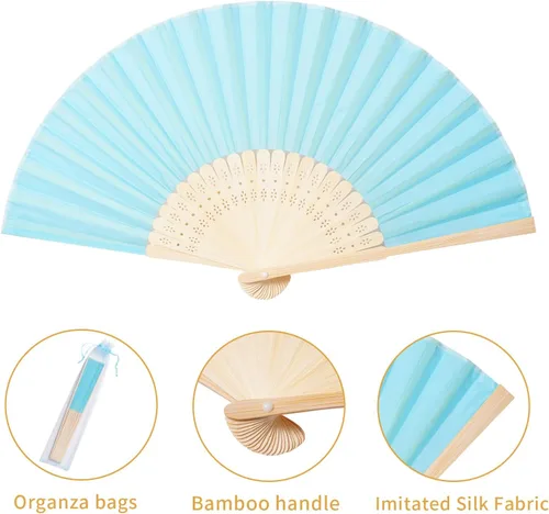 Vista 2 de Sepwedd 50pcs azul imitación seda tela bambú plegable mano ventilador novia baile accesorios iglesia boda fiesta favores con bolsas de organza