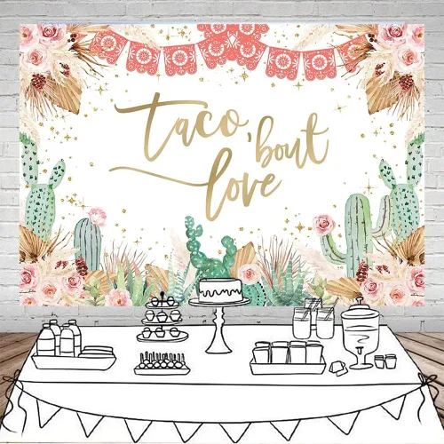 Vista 2 de Mocsicka Taco Bout - Telón de fondo de amor, bohemio, floral, mexicano, fiesta nupcial, fondo de cactus, flores de novia, despedida de soltera