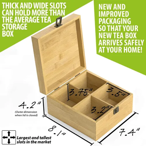 Vista 2 de Caja Organizadora de Té de Bambú Libre de Químicos Grande, Alta, Cubículos Ajustables Cofre de Almacenamiento de Madera Natural