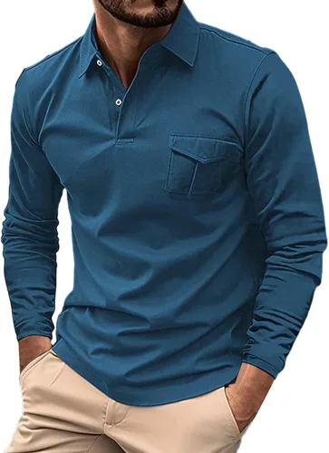 Vista 34 de Polo de manga larga para hombre, diseño casual de algodón con bolsillo, cuello clásico con botón para golf