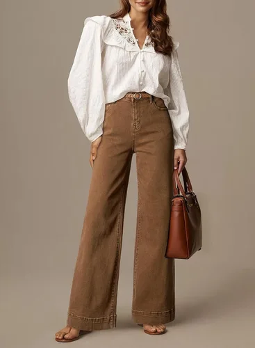 Vista 3 de Dokotoo Pantalones de mezclilla casuales de cintura alta para mujer Marrón